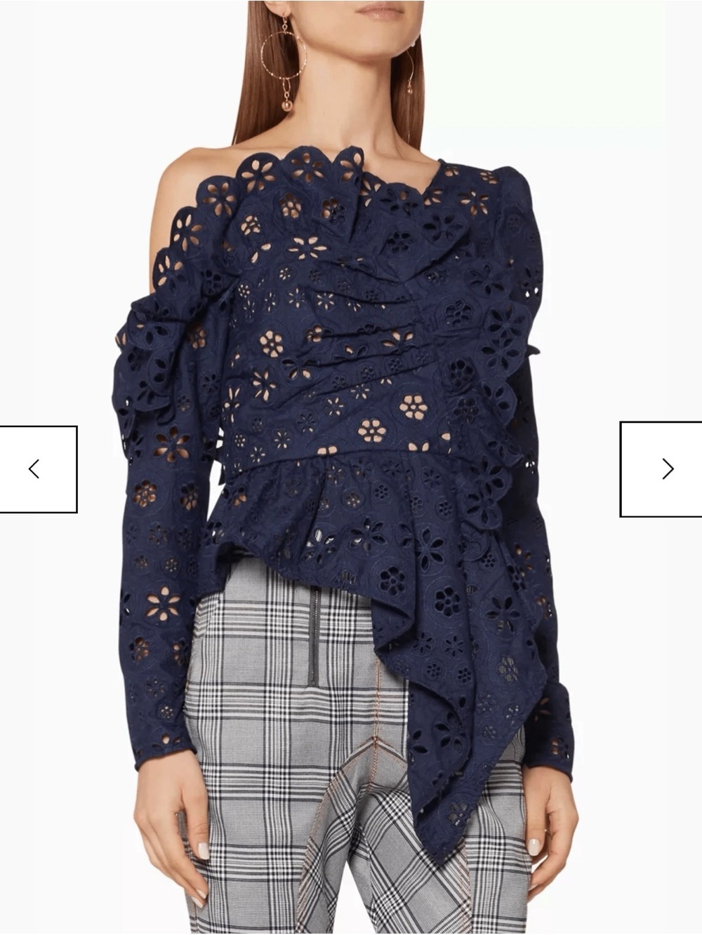NWT Self-Portrait Navy Asymmetric Floral Broderie Frill Top Size 2 MSRP $415
